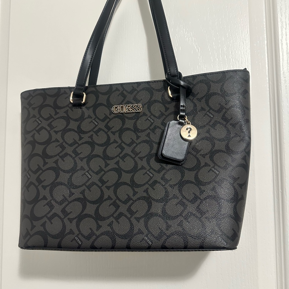GUESS Black and Gold Monogram Tote